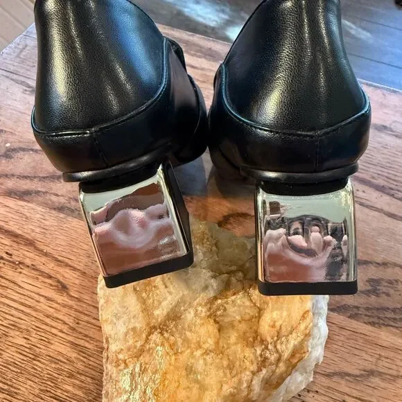 Black Leather square Toe Loafer Heels Gold Hardware Size 5 NWOT - Picture 6 of 11